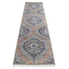 2'6"x10' Storm Gray Mughal Design Silk with Wool Hand Knotted Runner Rug