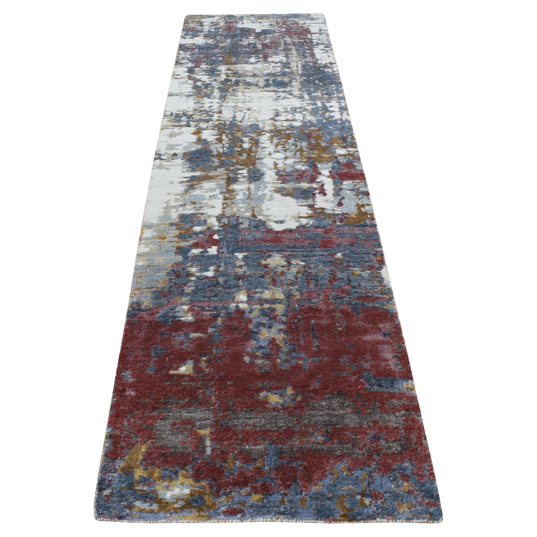 2'6 "x10' Alfombra de Correr Anudada a Mano de Lana y Seda Abstracta Moderna Gris Trueno
