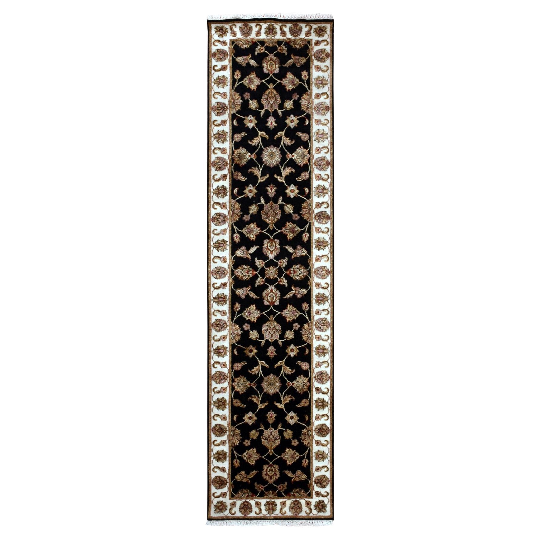 2'6"x10' Tricorn Black Wool Silk Hand Knotted Rajasthan Leaf Design Runner Rug