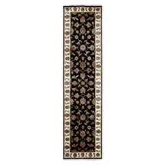 2'6"x10' Tricorn Black Wool Silk Hand Knotted Rajasthan Leaf Design Runner Rug