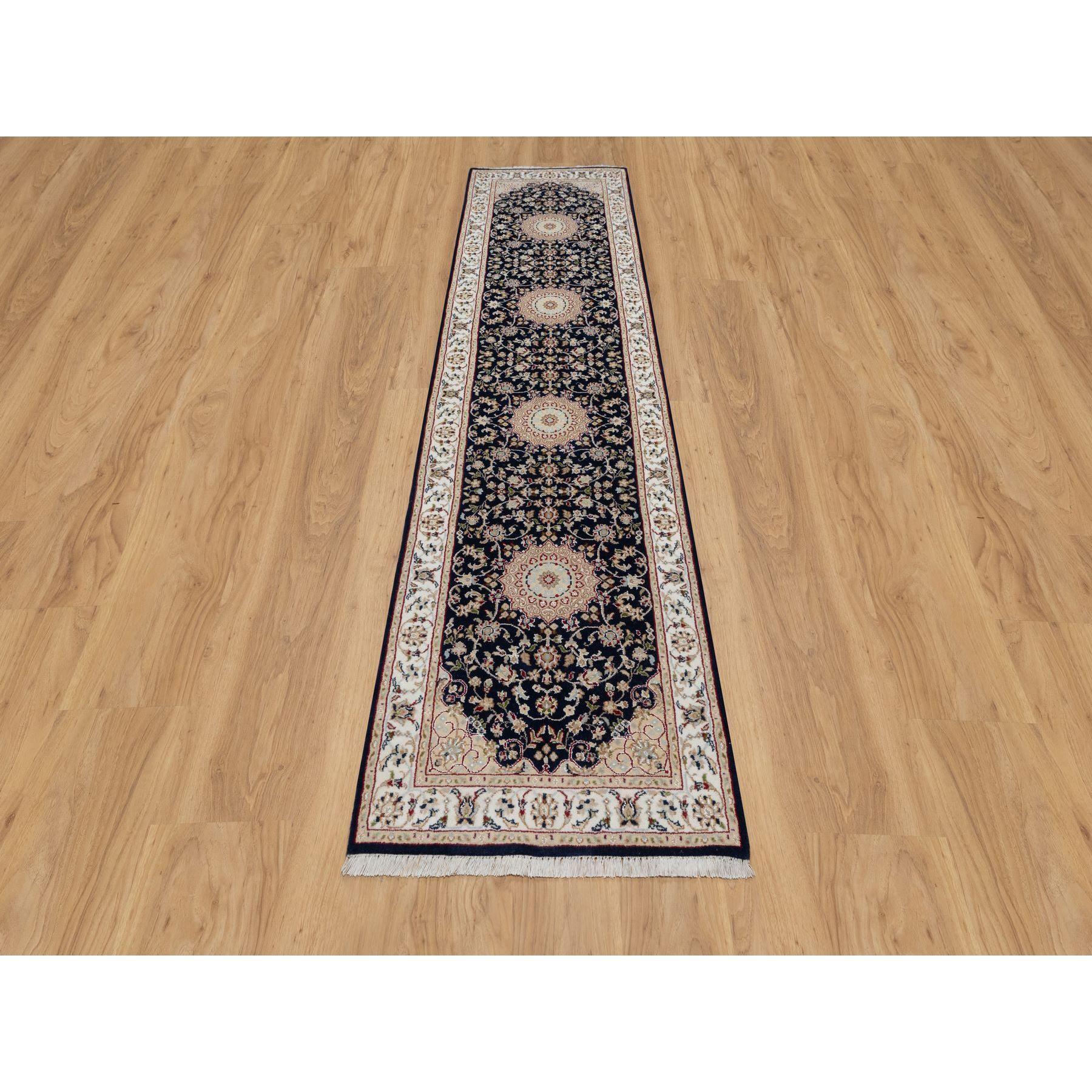 Vulcan Blue, Nain with Center Flower Medallion Design, Hand Knotted, Wool and Silk, 250 KPSI, Runner, Oriental Rug
Primary materials: Wool & Silk
Latex: No Pile 
height: 0.25 Inches
Style: Traditional
Primary color: Blue
Secondary colors: Green,