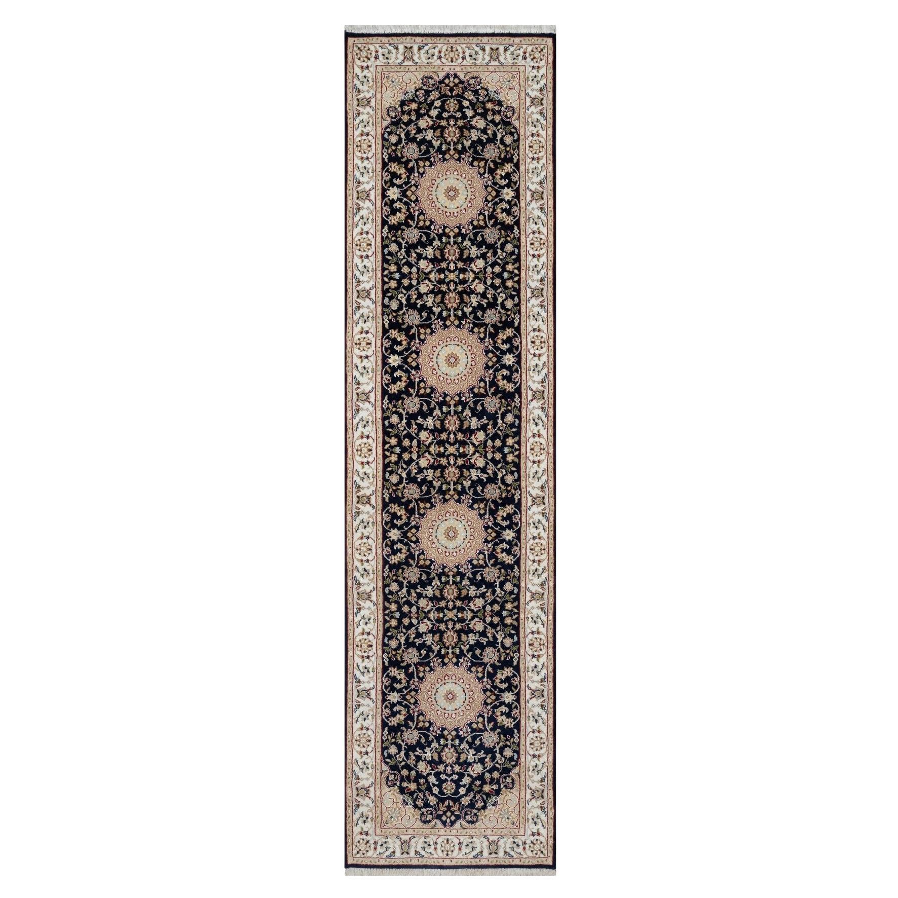 2'6"x10' Vulcan Blue Nain with Flower Design Hand Knotted Wool and Silk Rug For Sale