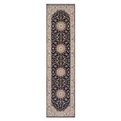 2'6"x10' Vulcan Blue Nain with Flower Design Hand Knotted Wool and Silk Rug
