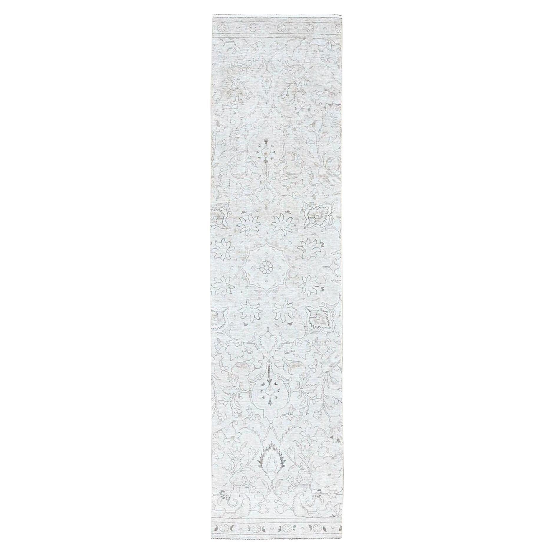 2'6"x10' White Hand Knotted Fragment Pure Wool Vintage Persian Tabriz Runner Rug