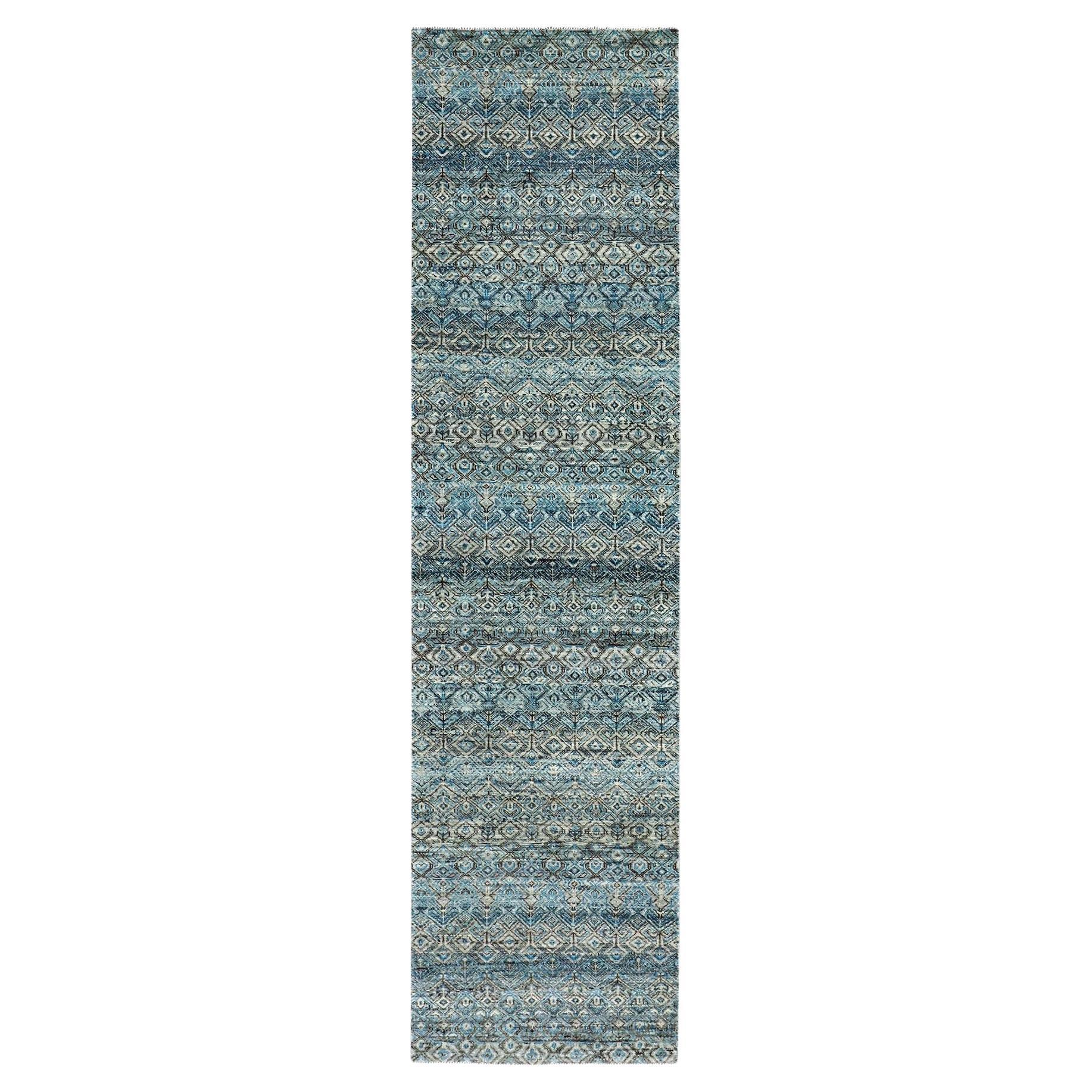 2'6"x10' Yale Blue, 100% Wool, Hand Knotted, Kohinoor Herat Design Runner Rug