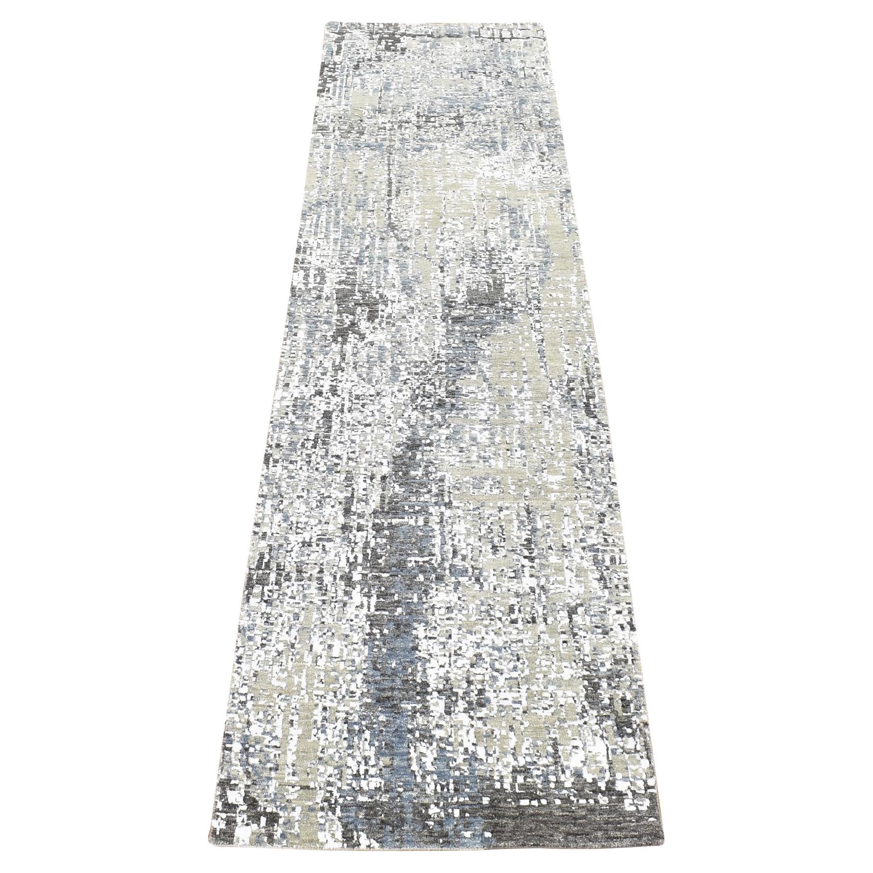 2'6"x10'1" Beige Modern Abstract Design Hand Knotted Pure Wool Runner Rug