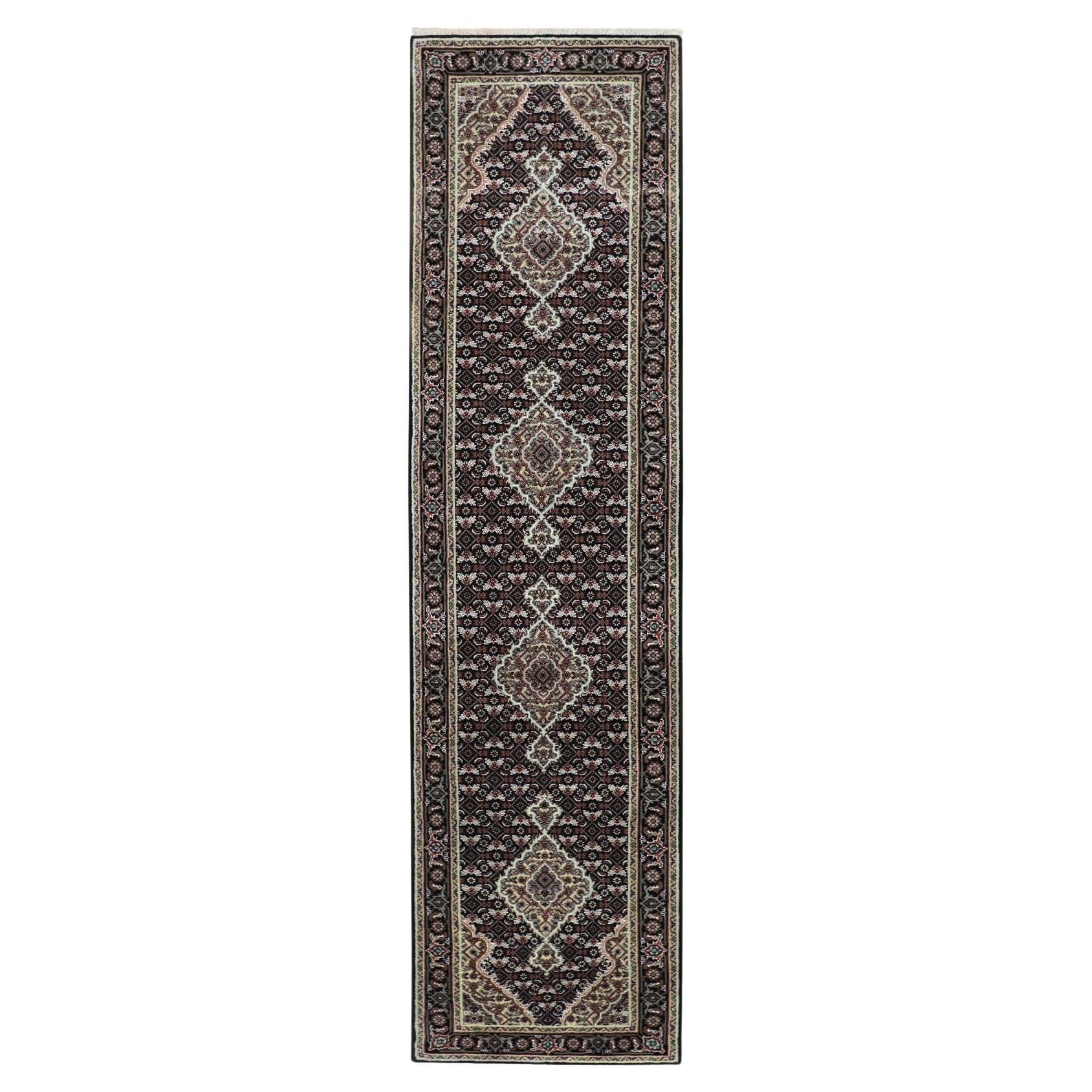 2'6"x10'1" Black Tabriz Mahi Fish Design Wool Runner Hand Knotted Rug