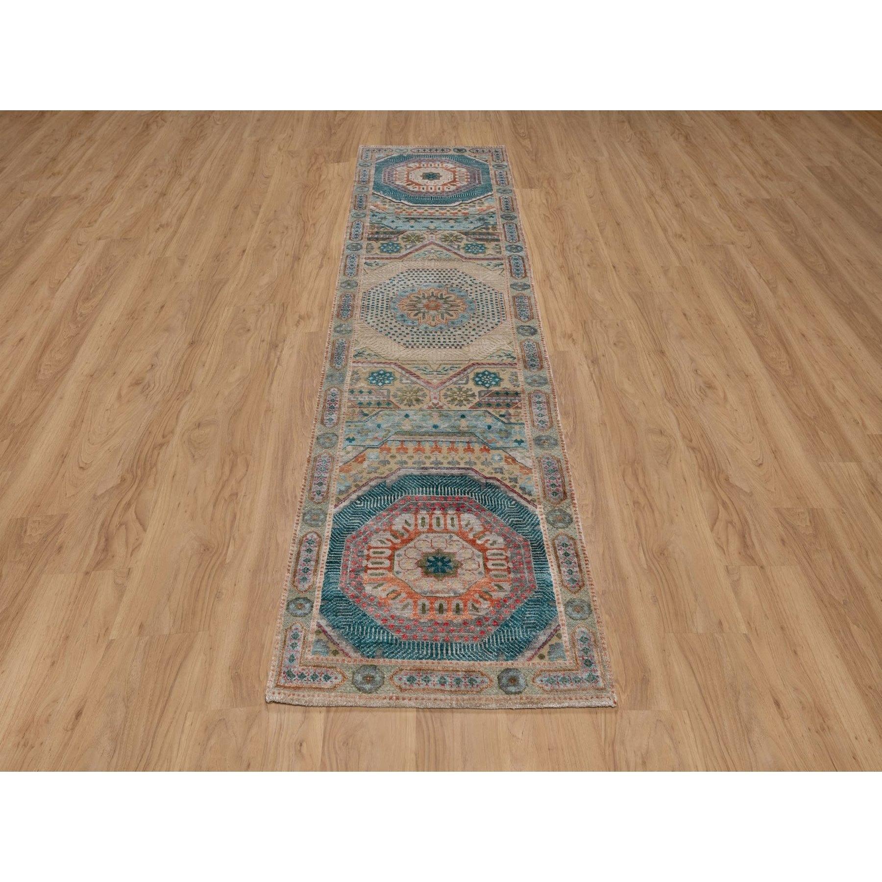 Khaki Brown, Mamluk Design with Geometric Medallions, Hand Knotted, Textured Wool and Silk, Runner, Oriental Rug
Primary materials: Wool & Silk
Latex: No Pile 
height: 0.25 Inches
Style: Traditional
Primary color: Brown
Secondary colors: Red,