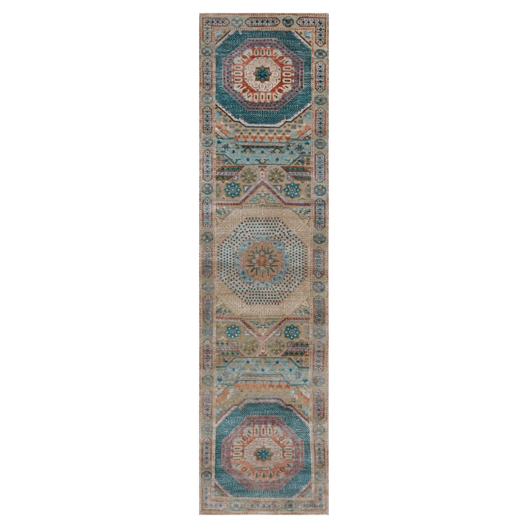 2'6"x10'1" Brown Mamluk Design Hand Knotted Textured Wool and Silk Runner Rug