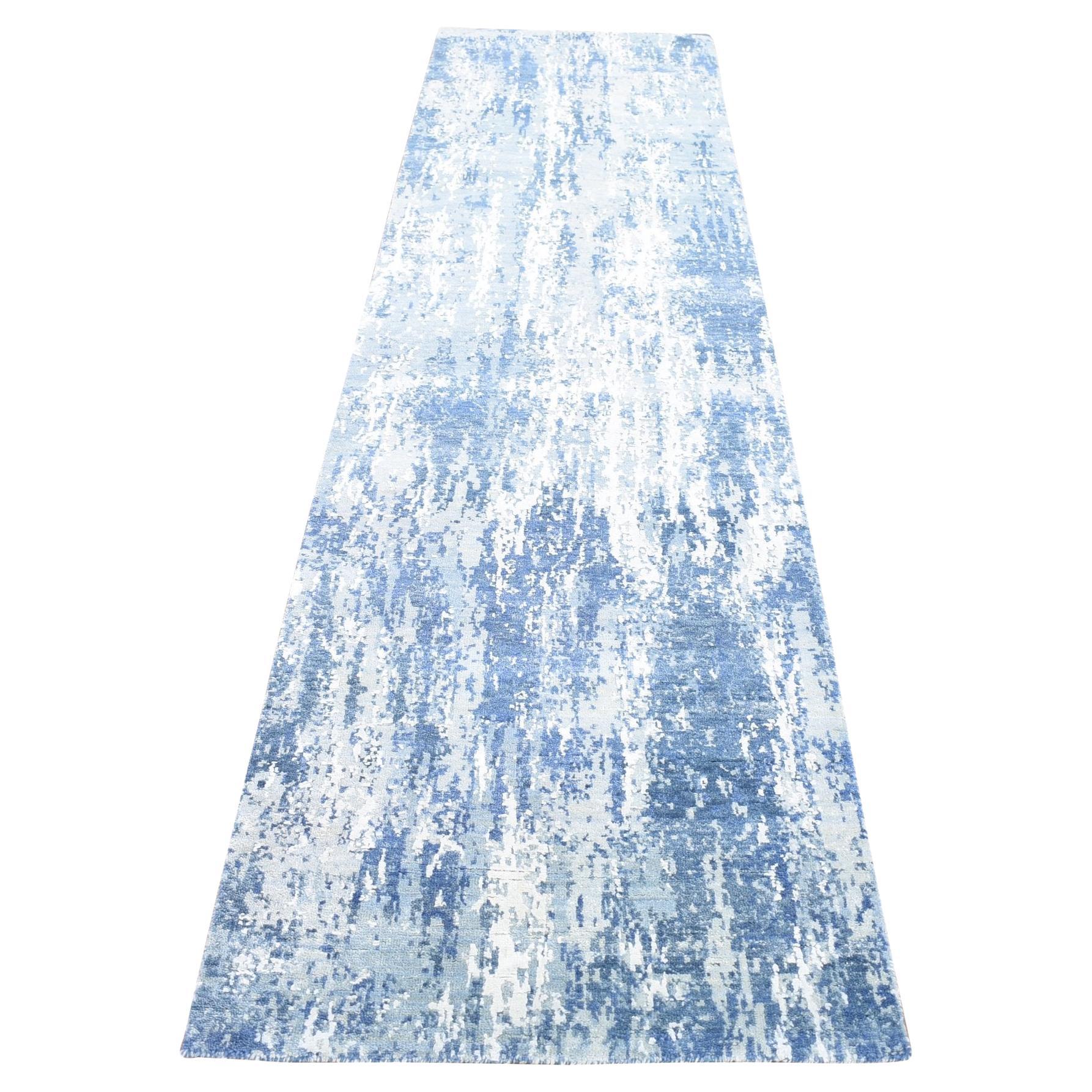 2'6"x10'1" Hand Knotted Denim Blue Abstract Design Wool and Real Silk Runner Rug