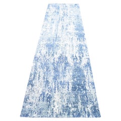 2'6"x10'1" Hand Knotted Denim Blue Abstract Design Wool and Real Silk Runner Rug