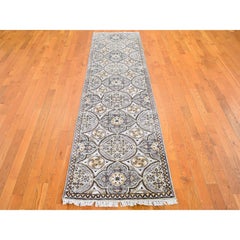 2'6"x10'1" Mughal Inspired Medallions Design Wool and Silk Hand Knotted Rug