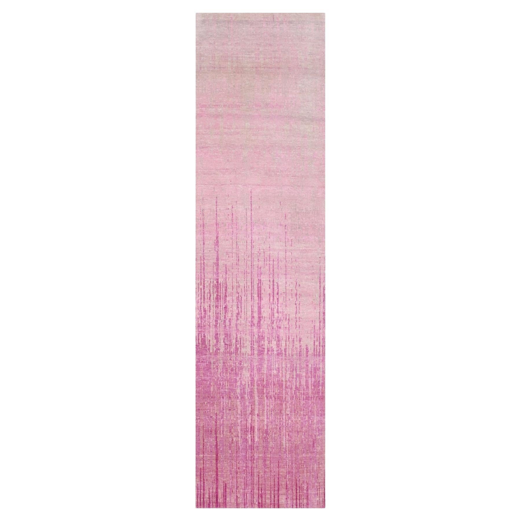 2'6"x10'1" Pink Vertical Ombre Design Wool Hand Knotted Runner Oriental Rug For Sale
