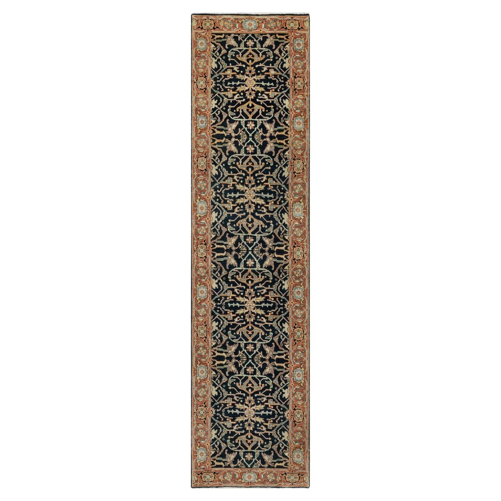 2'6"x10'1" Prussian Blue Hand Knotted Heris Re-Creation Wool Runner Oriental Rug