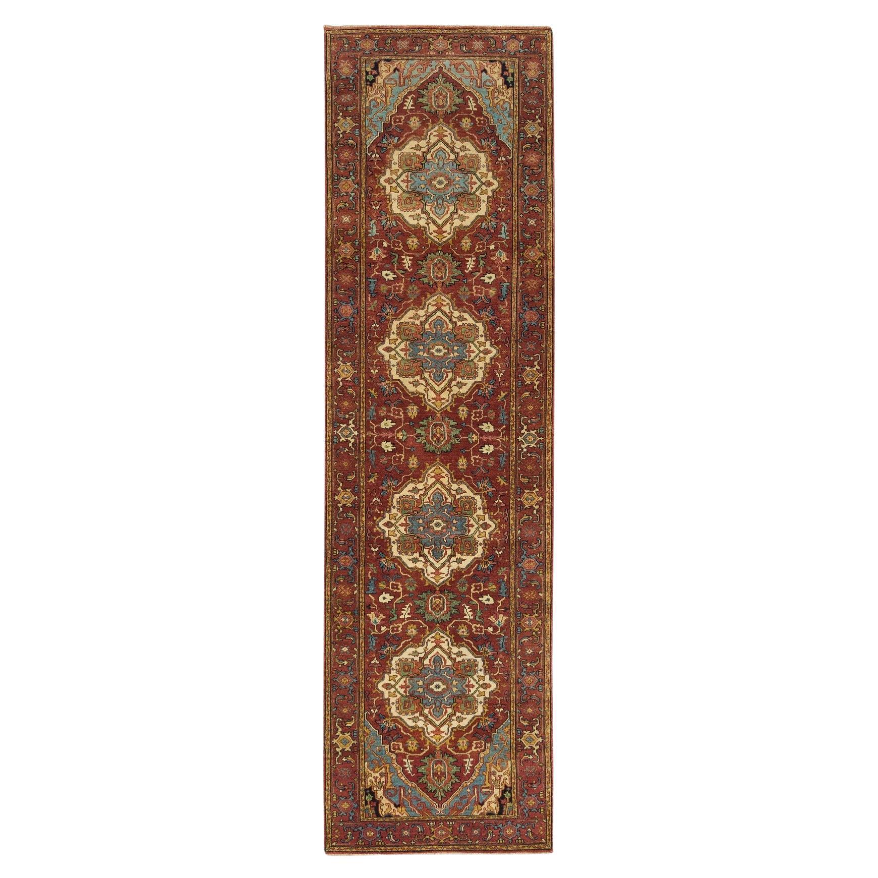 2'6"x10'1" Red Hand Knotted Antiqued Fine Heriz Soft Wool Runner Oriental Rug