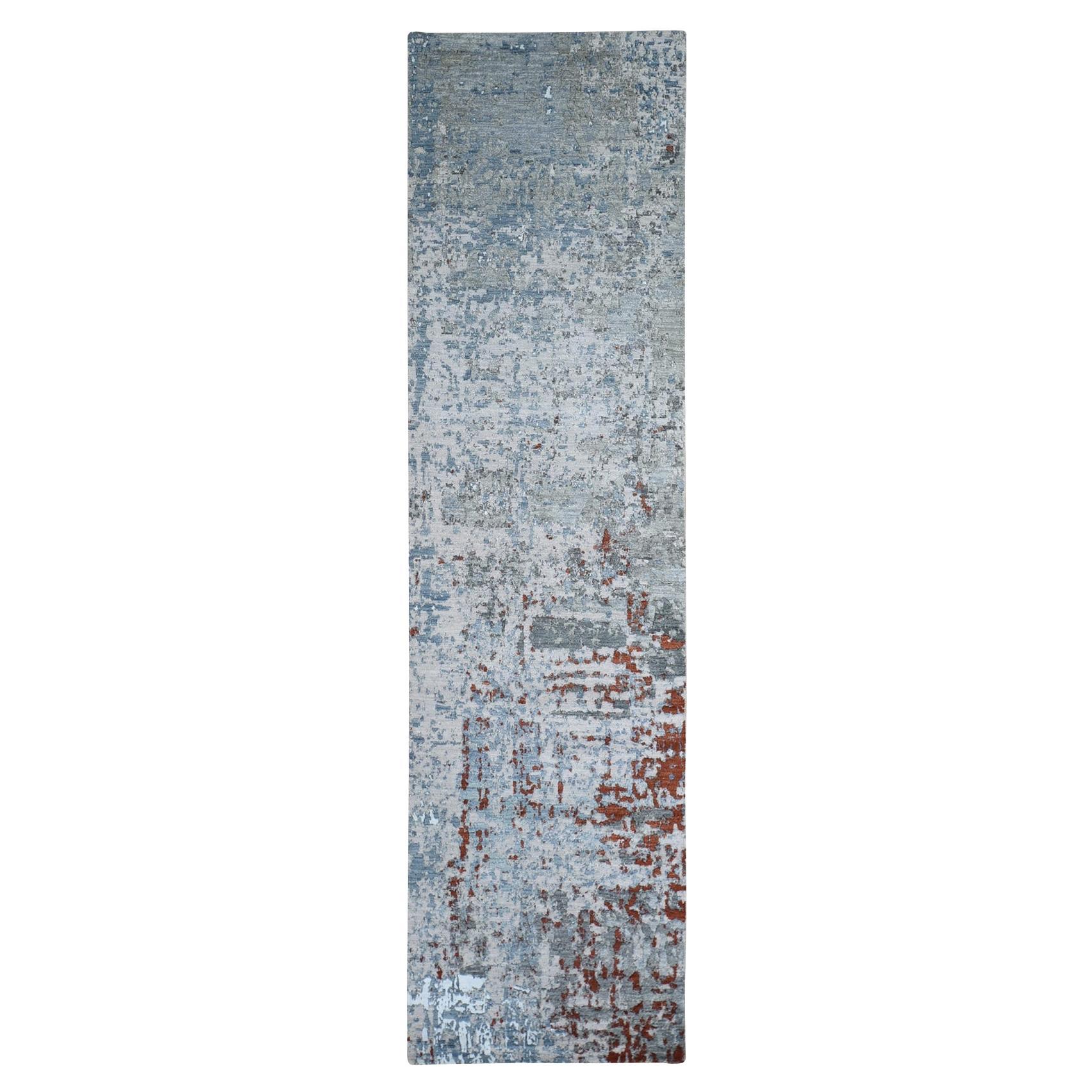 2'6 "x10'2" Tapis de course en laine et soie à motifs abstraits, tissage plus dense, noué à la main