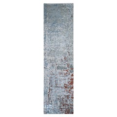 2'6 "x10'2" Tapis de course en laine et soie à motifs abstraits, tissage plus dense, noué à la main