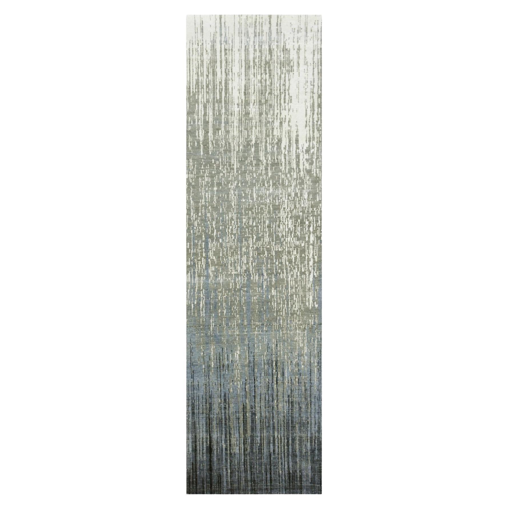 2'6"x10'2" Gray and Black Pure Wool Hand Knotted Modern Ombre Design Runner Rug