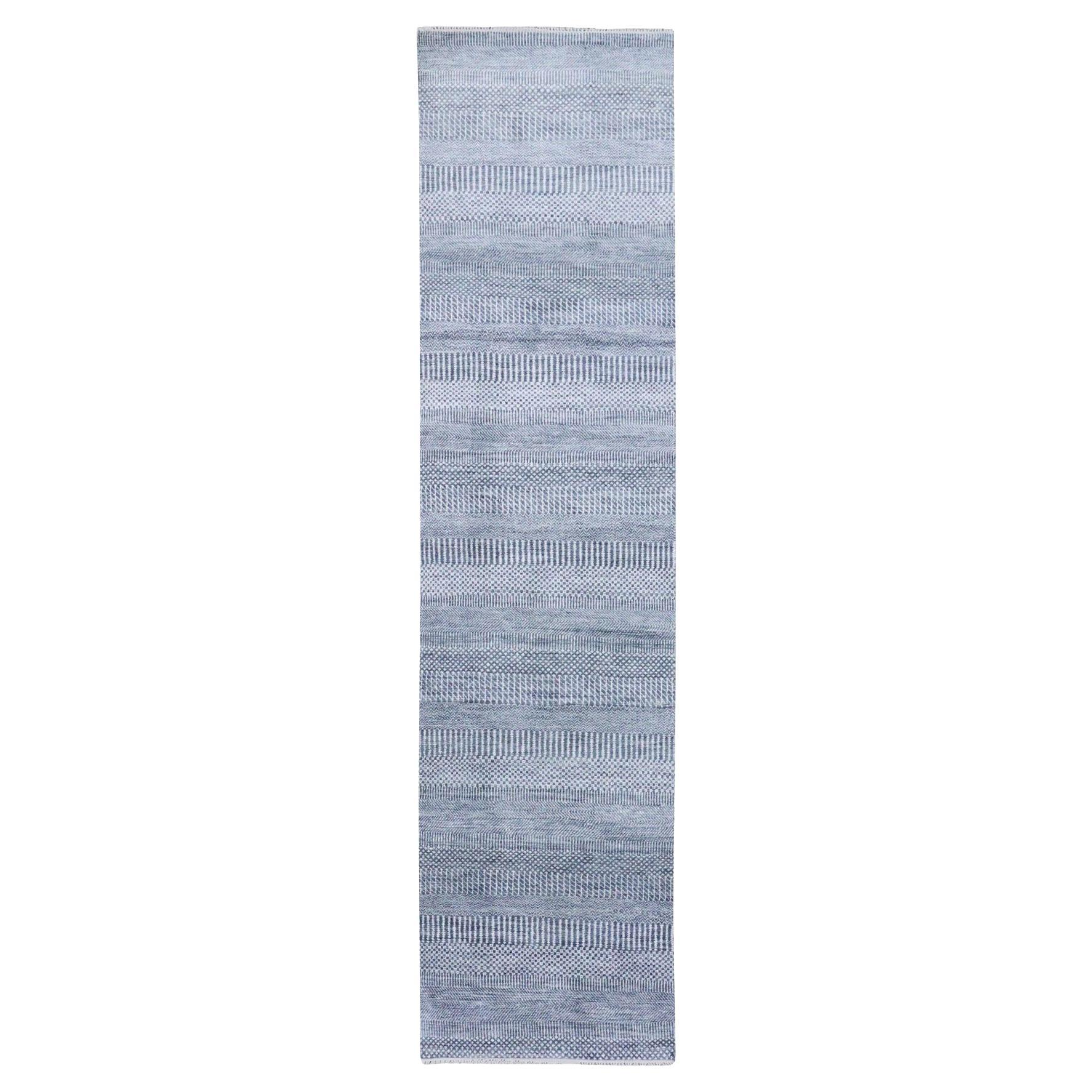 2'6"x10'2" Gray, Wool and Silk Hand Knotted, Modern Grass Design Runner Rug