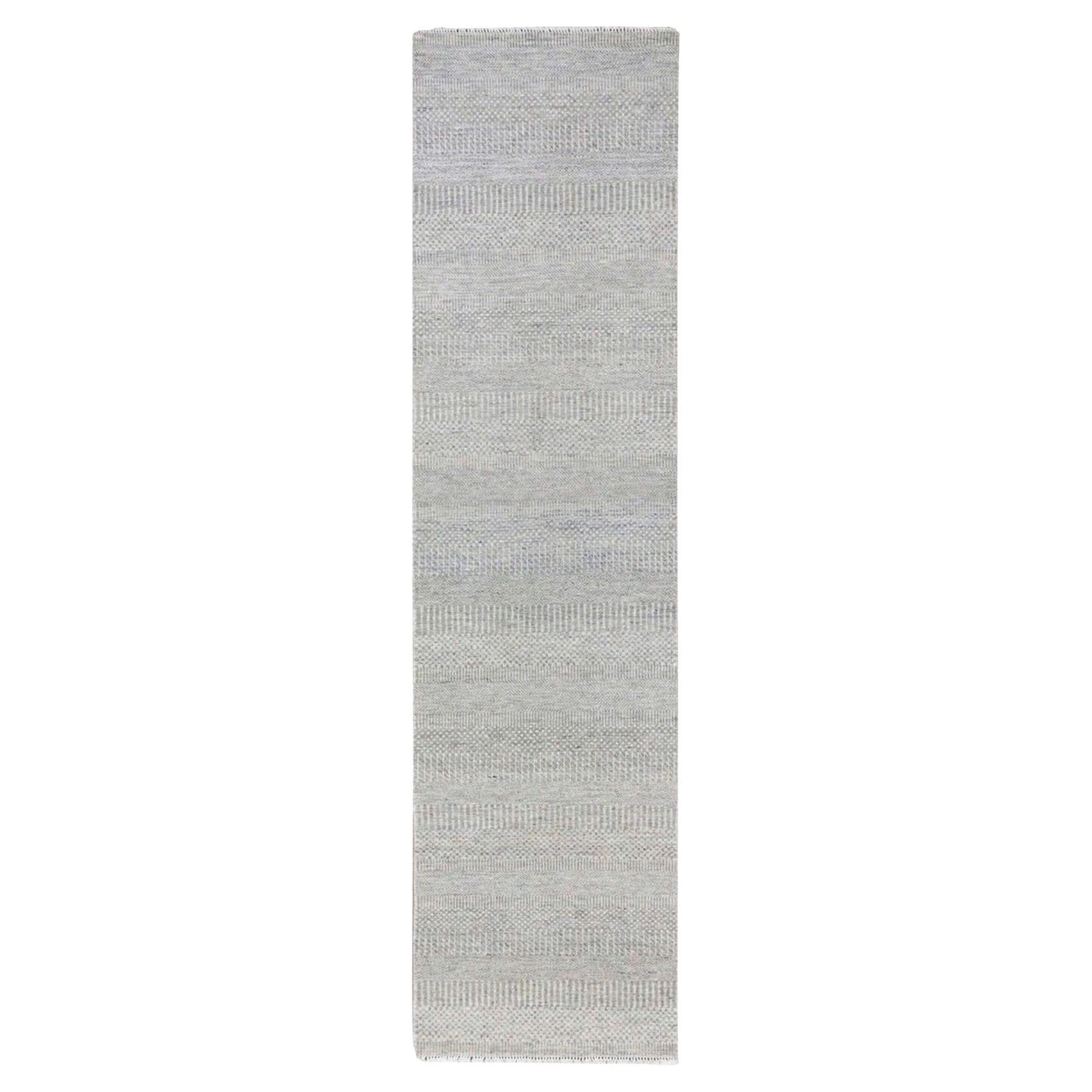 2'6"x10'2" Pastel Gray Hand Knotted Grass Design Organic Undyed Wool Runner Rug