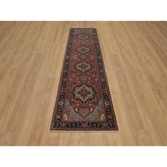 2'6"x10'2" Red Antiqued Fine Heriz Re-Creation Pure Wool Hand Knotted Runner Rug