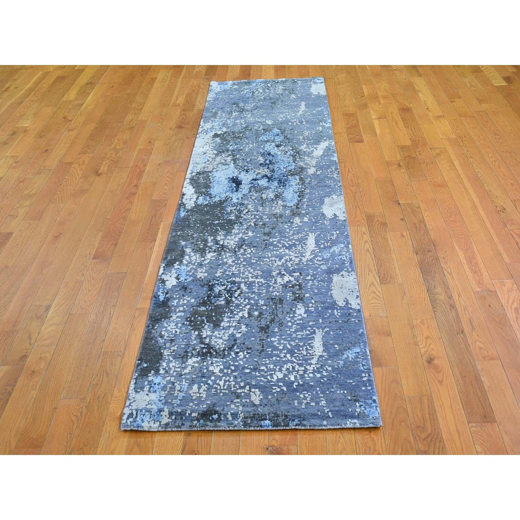 This is a truly genuine one-of-a-kind Wool and Real Silk Abstract Design with Persian Knot Denser Weave Gray Hand Knotted Runner Oriental Rug. It has been woven for months and months in the centuries-old Persian weaving craftsmanship techniques by