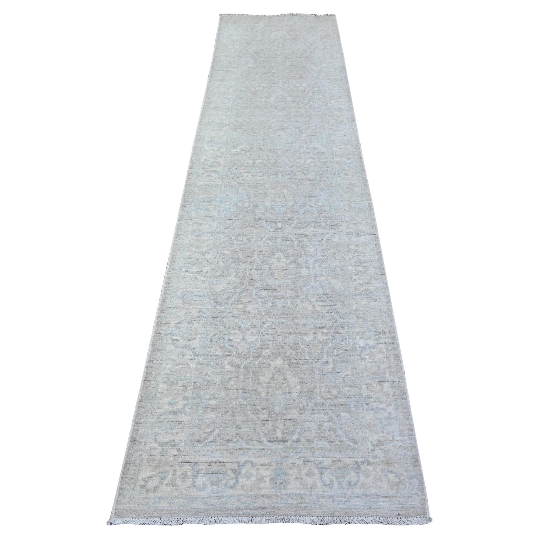 2'6"x10'3" Cloud Gray Soft Wool White Wash Peshawar Hand Knotted Runner Rug