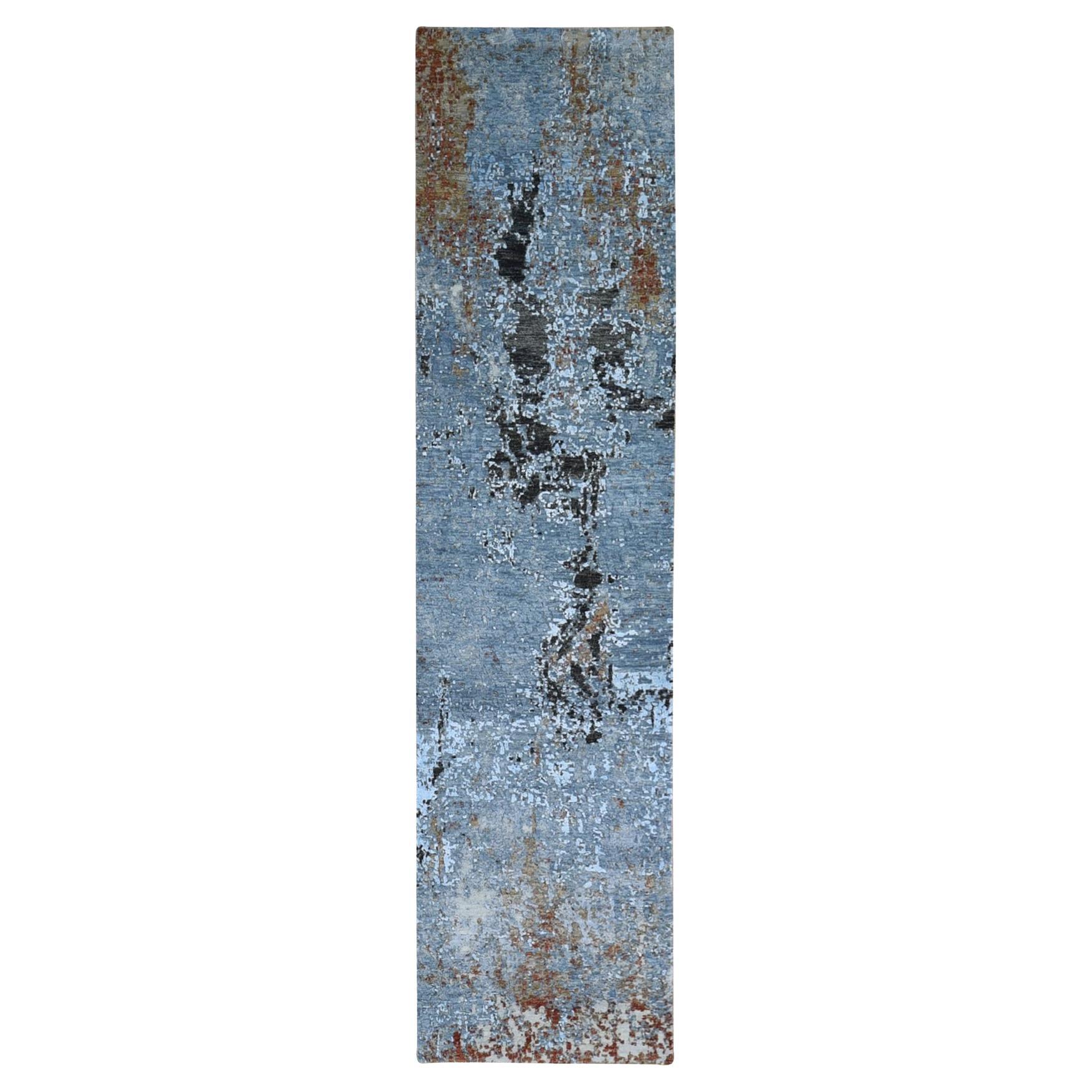 2'6"x10'3" Silver Blue Abstract Design Wool Persian Knot Hand Knotted Runner Rug