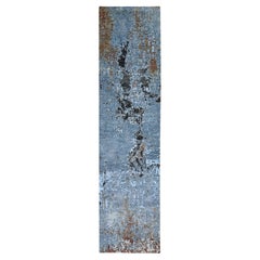 2'6"x10'3" Bleu argenté à motif abstrait en laine persane nouée à la main