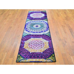 2'6"x10'4" Colorful Sari Silk with Wool Mamluk Design Hand Knotted Runner Rug