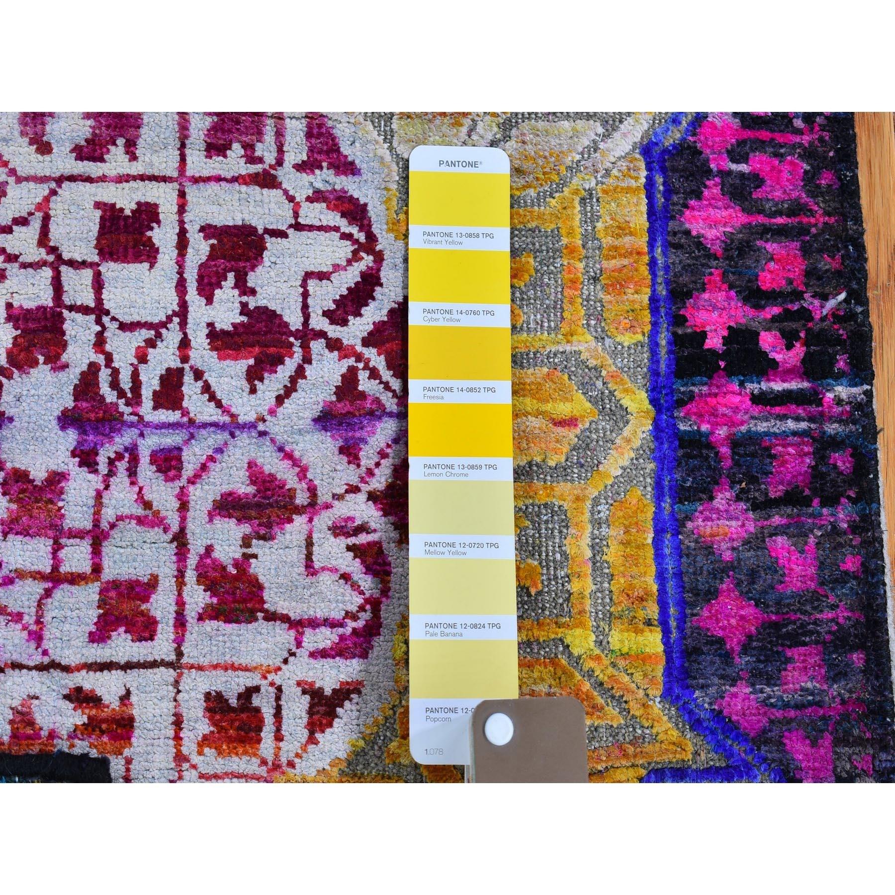 Medievale Tappeto Runner colorato in seta Sari e lana Mamluke Design annodato a mano 2'6 