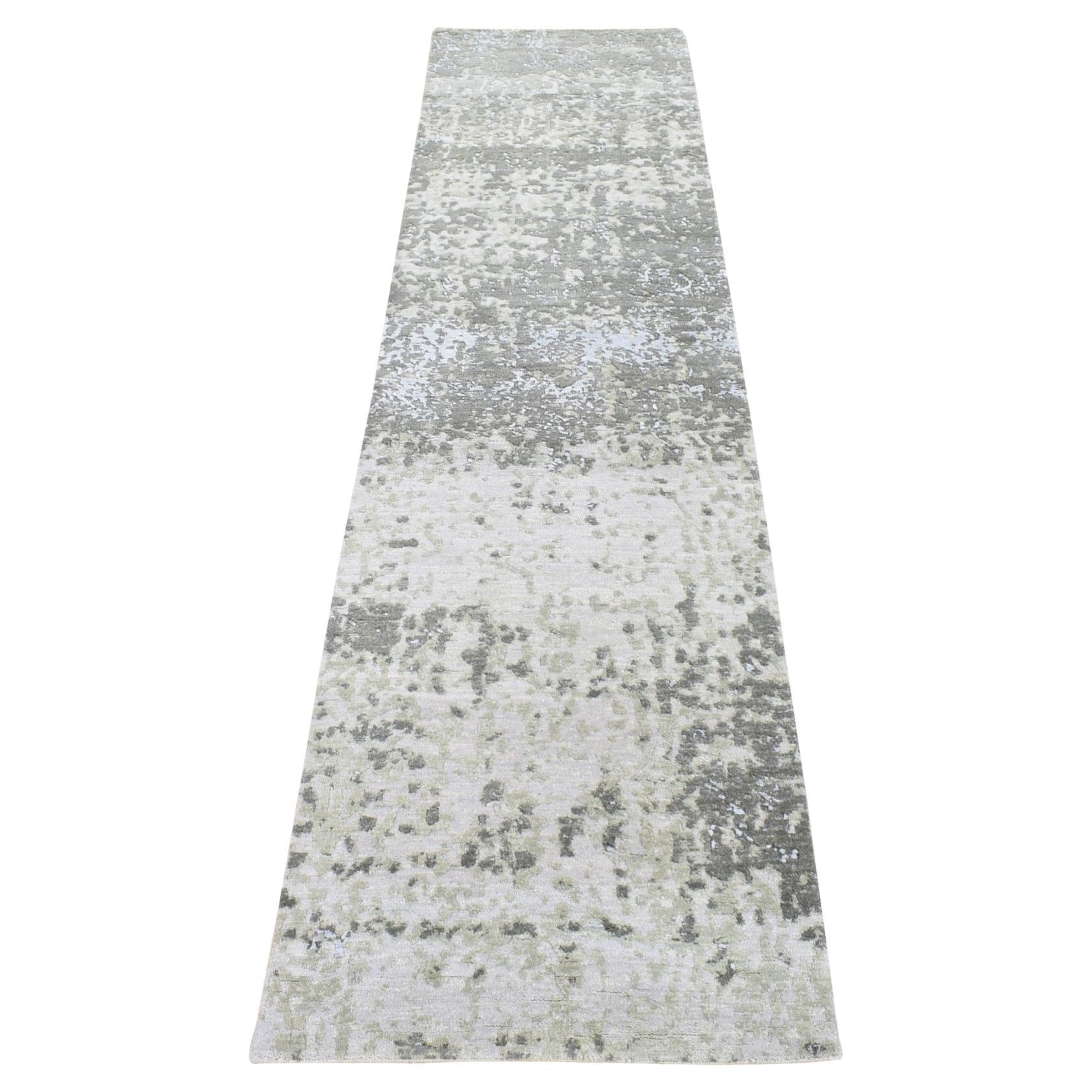 2'6 "x10'4" Grau Modern Abstrakt Design Denser Weave Handgeknüpft Reine Wolle Teppich im Angebot