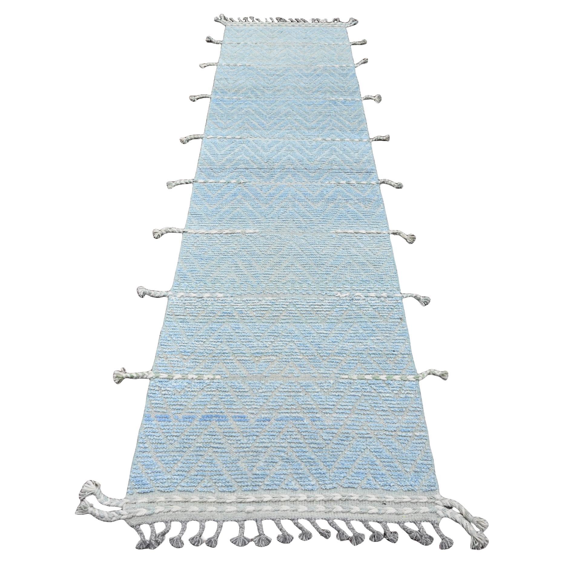 2
6"x10
5" Blue Moroccan Weave Geometric Design Hand Knotted Wool Runner Rug