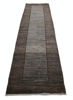 2.6x10.5 ft Hand Knotted Brown, Gray Runner Rug. Modern Minimalist Hallway Rug