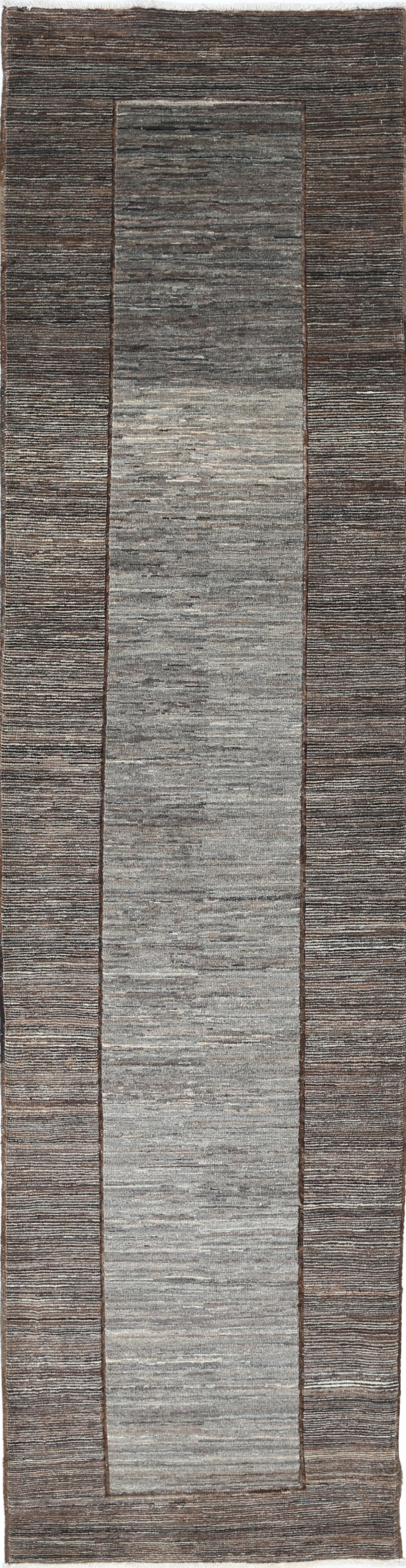 2.6x10.5 ft Hand Knotted Brown, Gray Runner Rug. Modern Minimalist Hallway Rug For Sale