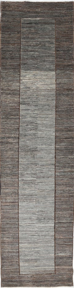 2.6x10.5 ft Hand Knotted Brown, Gray Runner Rug. Modern Minimalist Hallway Rug