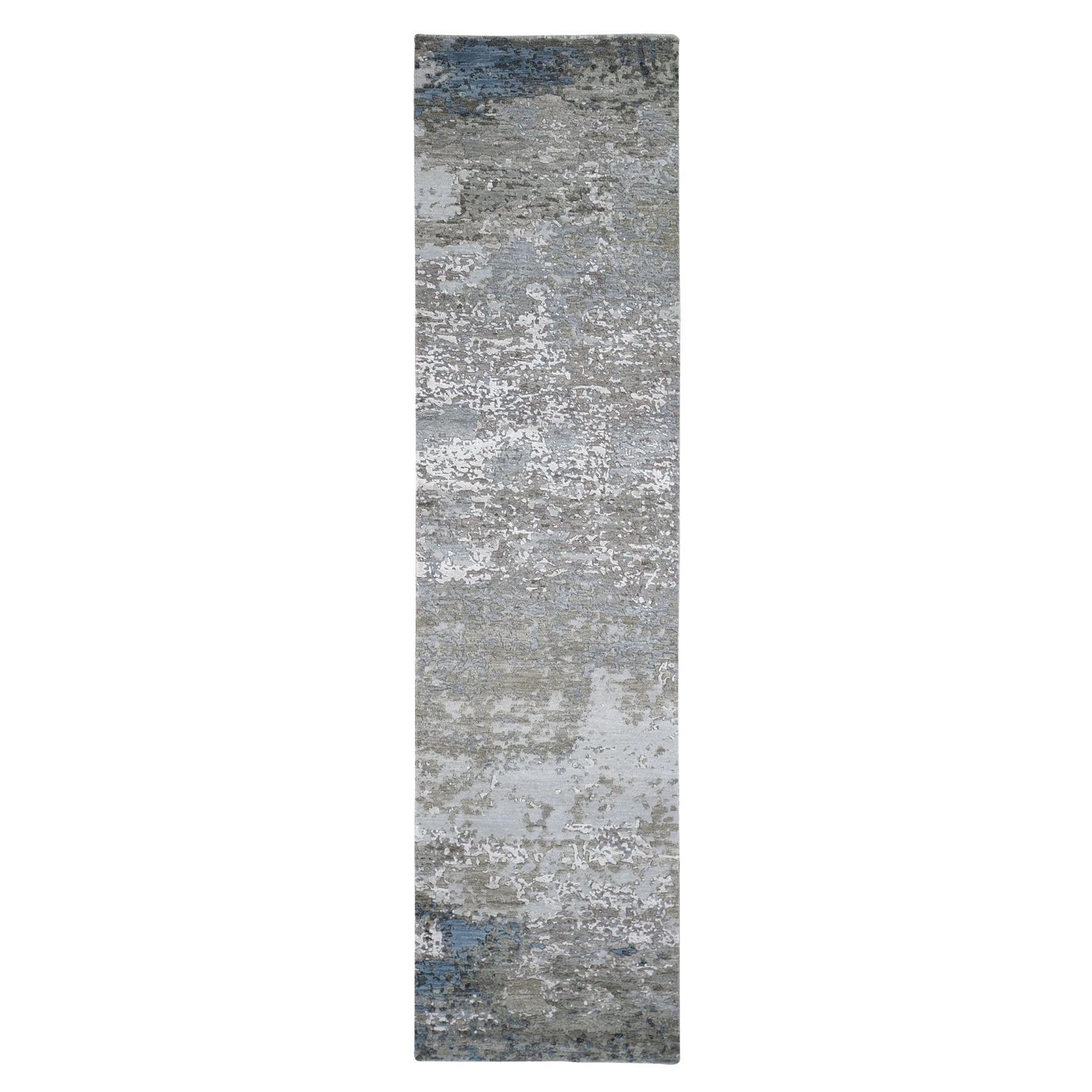 2'6"x10'6" Abstract Design Wool & Silk Hi-Low Pile Gray Hand Knotted Runner Rug
