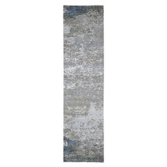 2'6"x10'6" Abstract Design Wool & Silk Hi-Low Pile Gray Hand Knotted Runner Rug