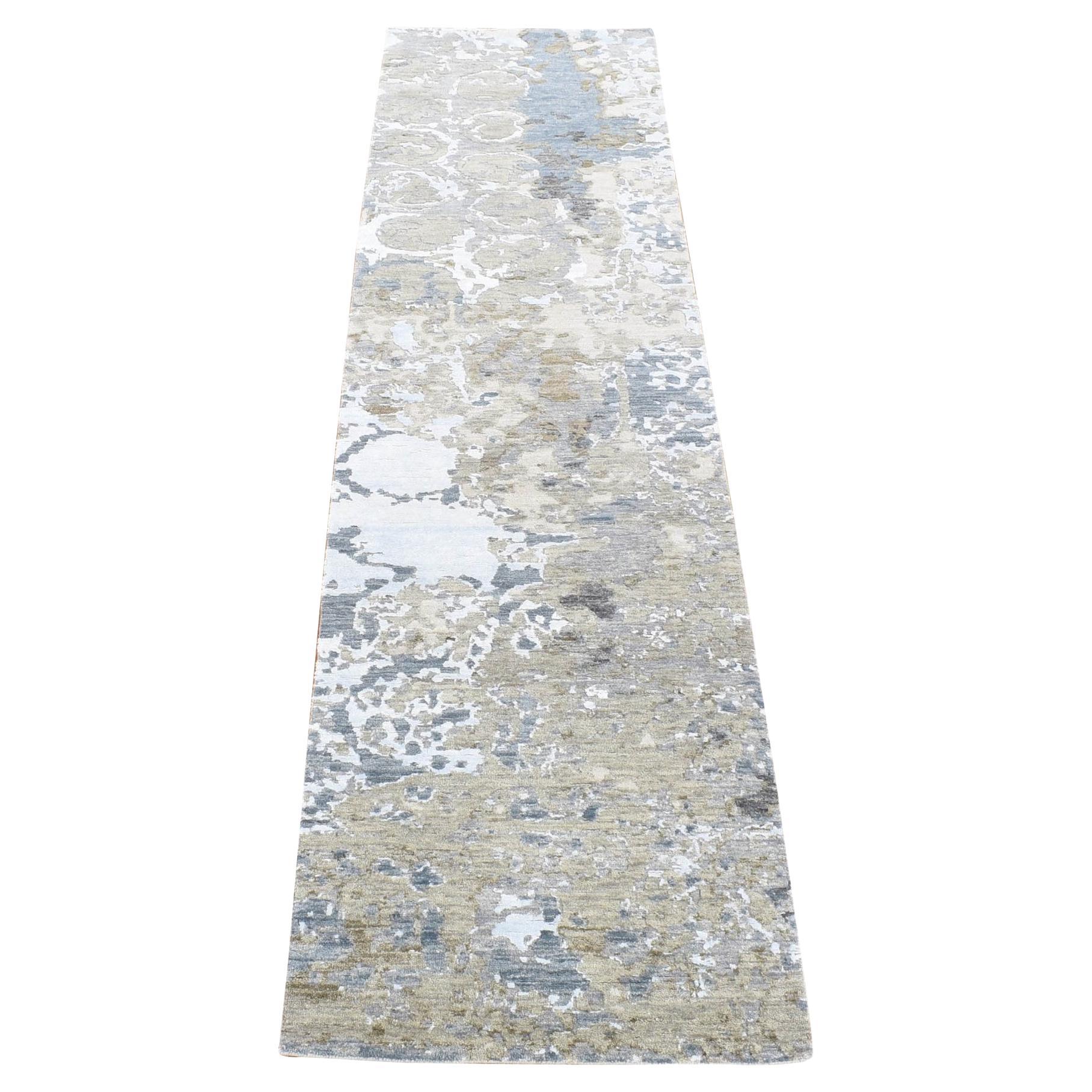 2'6 "x10'6" Beige, Diseño Abstracto Moderno, Anudado a Mano de Pura Lana, Alfombra de Corredor