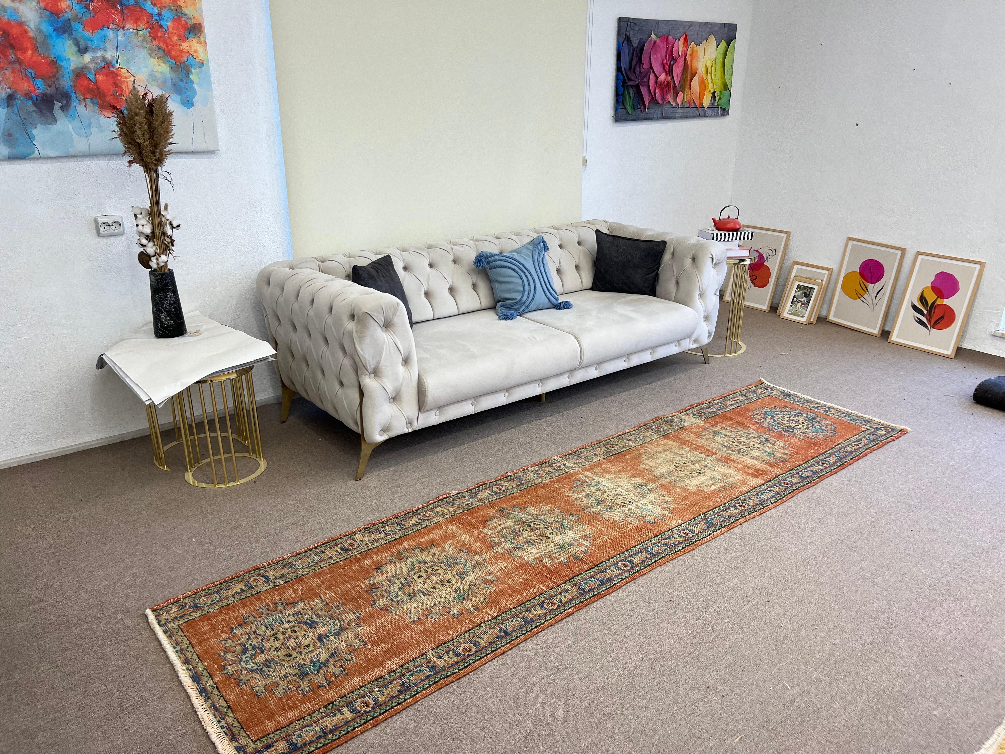 2,6 x 0,66 m Vintage handgeknüpfter türkischer Woll-Läufer in Rostrot, Indigo (Handgewebt) im Angebot
