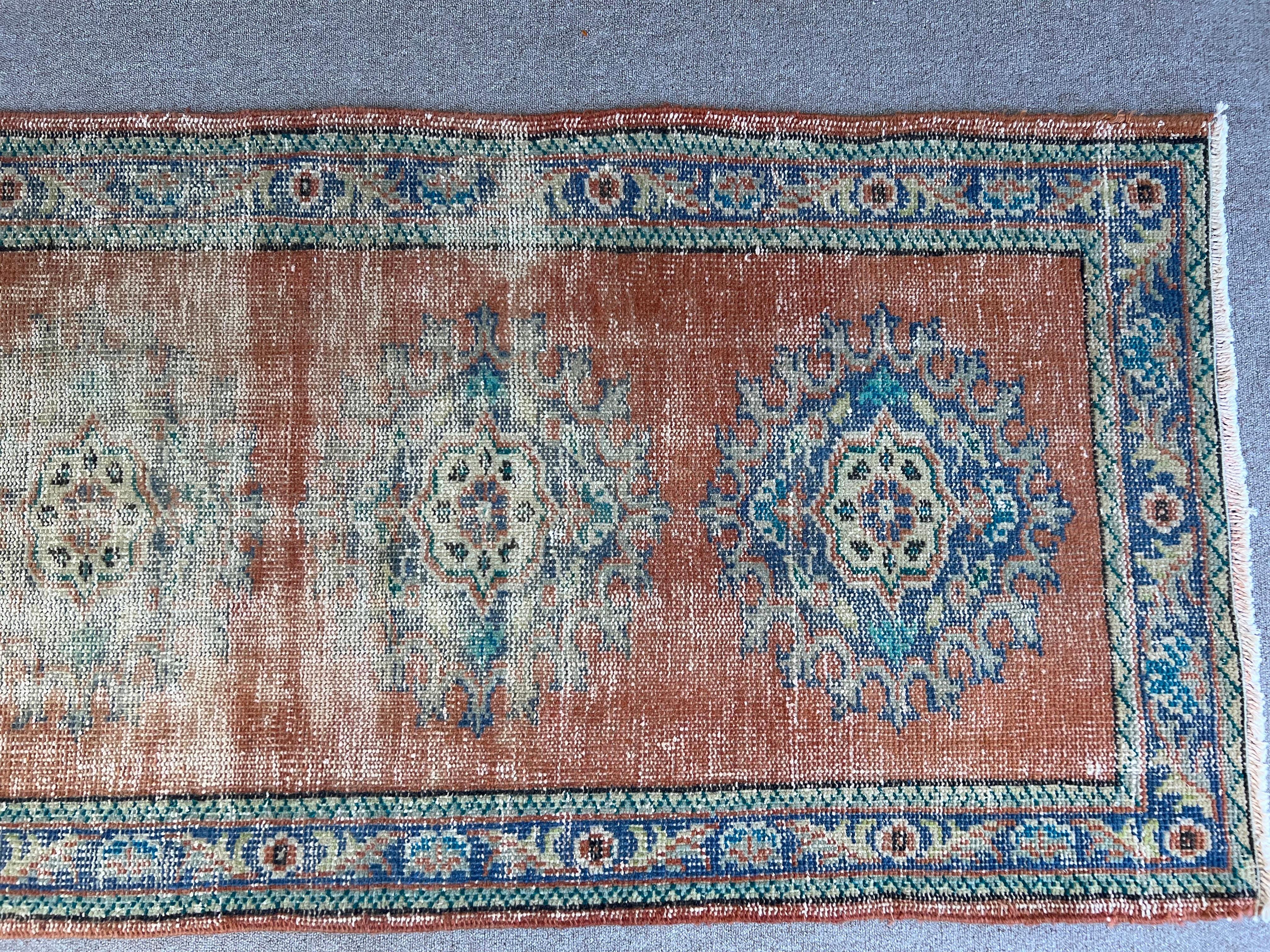 2.6x10.6 Ft Vintage Hand-Knotted Turkish Wool Runner Rug in Rust Red, Indigo For Sale 1