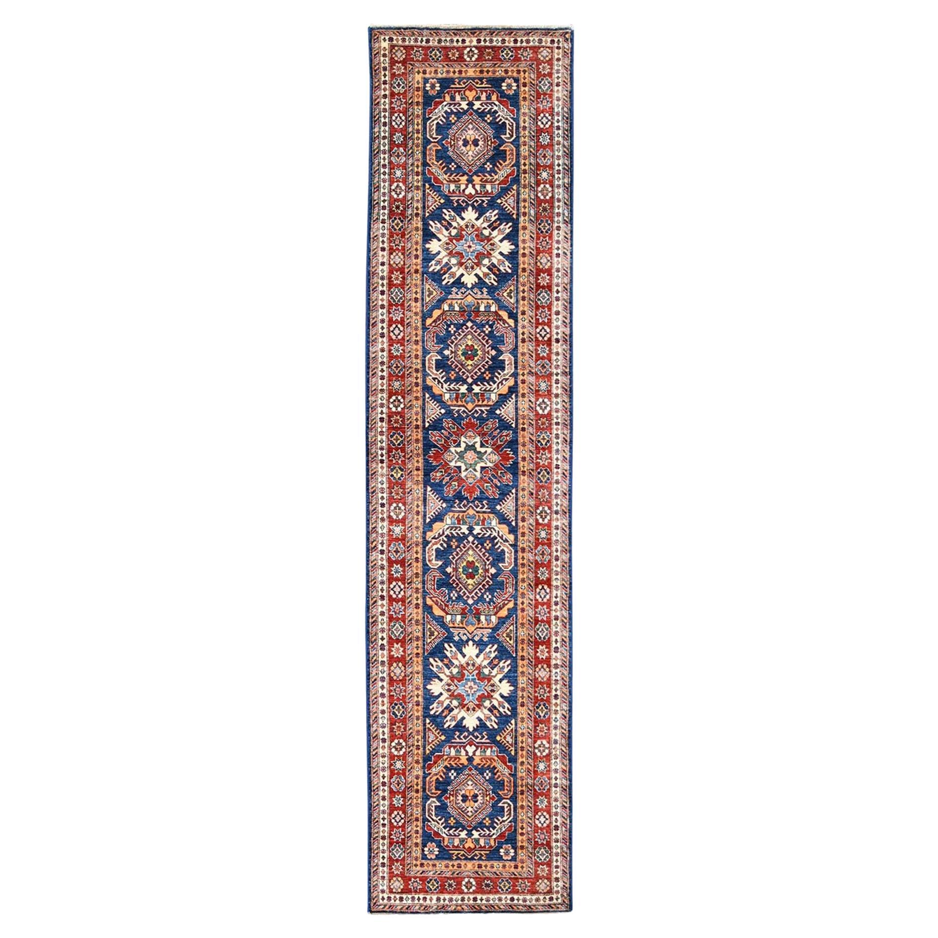 2'6"x11' Hand Knotted Navy Blue Afghan Super Kazak Soft Wool Runner Rug