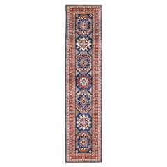 2'6 "x11' Alfombra afgana de lana suave Super Kazak azul marino anudada a mano