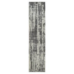 2'6"x11'10" Black Hand Loomed Modern Design Jacquard Tone On Tone Wool Rug
