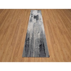2'6"x11'10" Black-Ivory Hand Knotted Abstract Design Wool and Silk Runner Rug