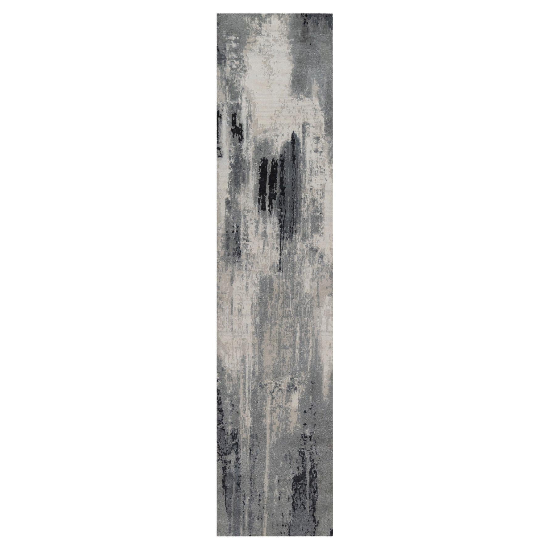 2'6"x11'10" Black-Ivory Hand Knotted Abstract Design Wool and Silk Runner Rug