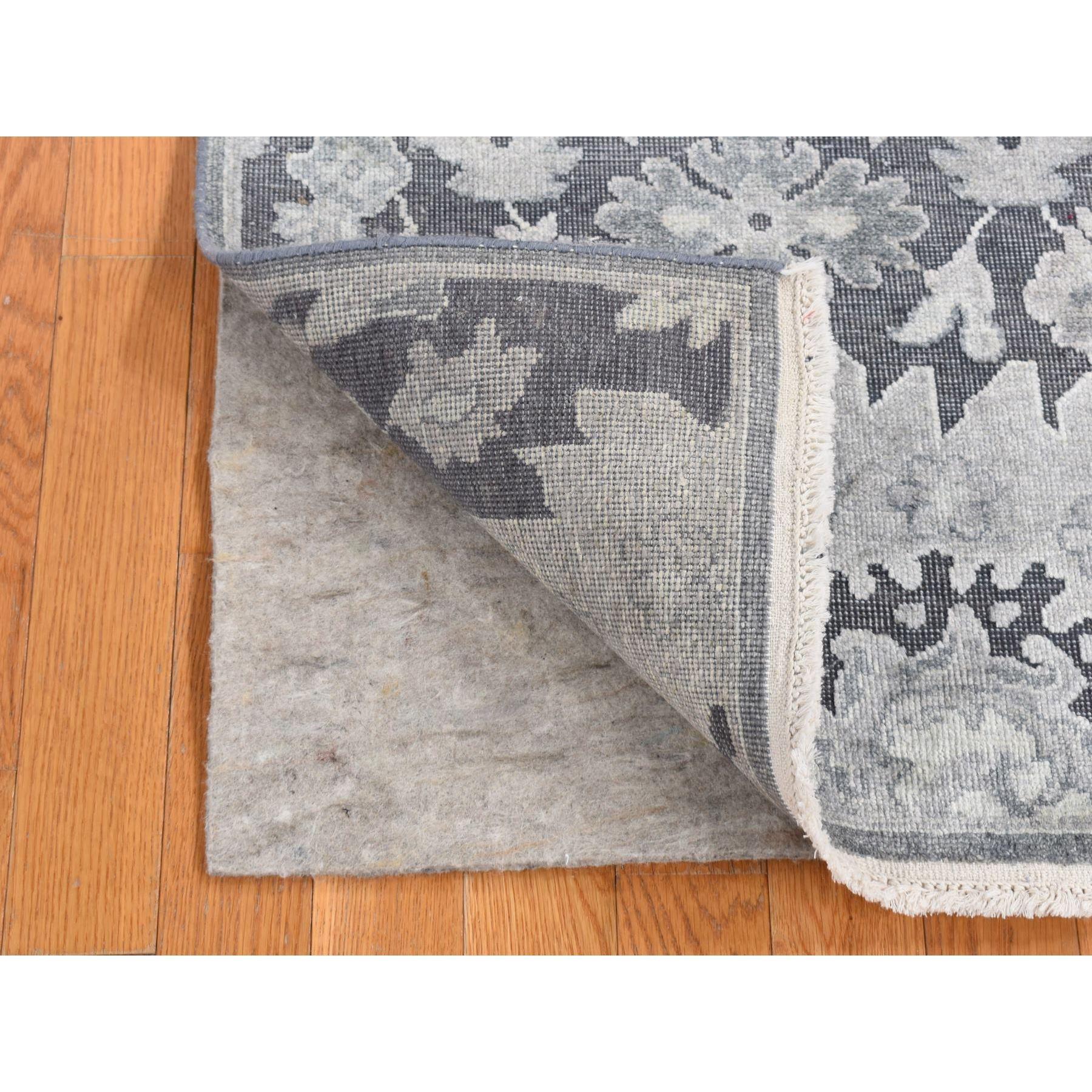 Nevada Gray, Hand Knotted, Oushak Influence, Silk with Textured Wool, Runner Oriental Rug
Primary materials: Wool & Silk
Latex: No Pile 
height: 0.25 Inches
Style: Transitional
Primary color: Grey
Secondary colors: Ivory, Medium Gray
Pattern: