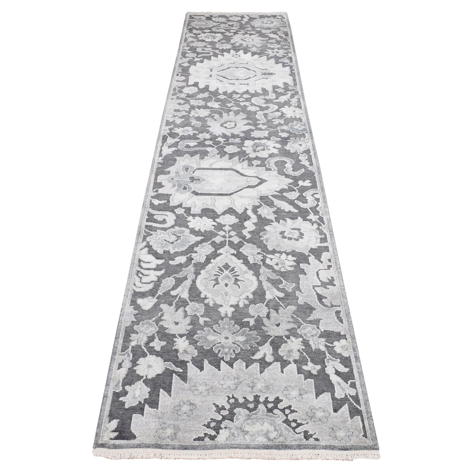 2'6"x11'10" Nevada Gray Hand Knotted Oushak Influence Silk with Wool Runner Rug