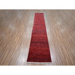 2'6"x11'10" Ruby Red Modern Grass Design Hand Knotted Wool & Silk Runner Rug