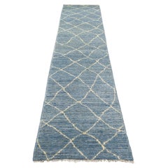 2'6"x11'2" Denim Blauer handgeknüpfter orientalischer Woll-Läufer mit Criss-Kreuzmuster
